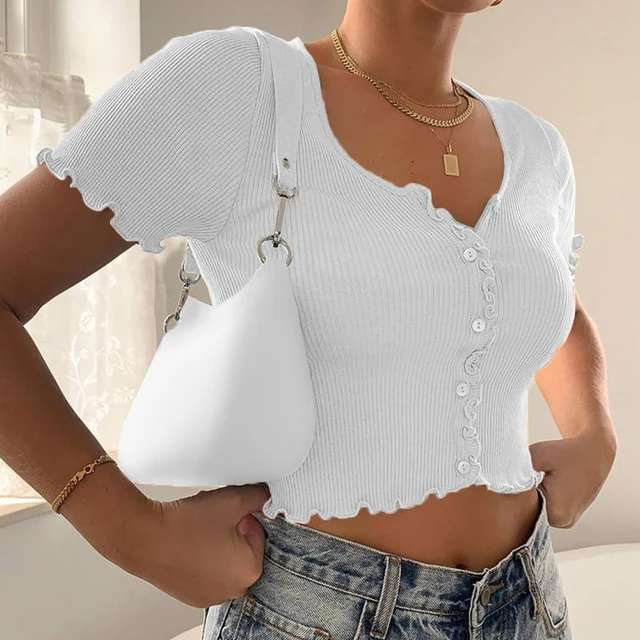 Máquina de escribir Contratado tormenta Blusas Crop Top a la moda para mujer, blusas de Color liso con cuello en V