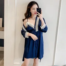 Темно-синий женский топ из 2 предметов на бретелях Пижама комплекты одежды для сна Женская домашняя одежда спальный костюм соблазнительное кимоно халат пижамы m-xl