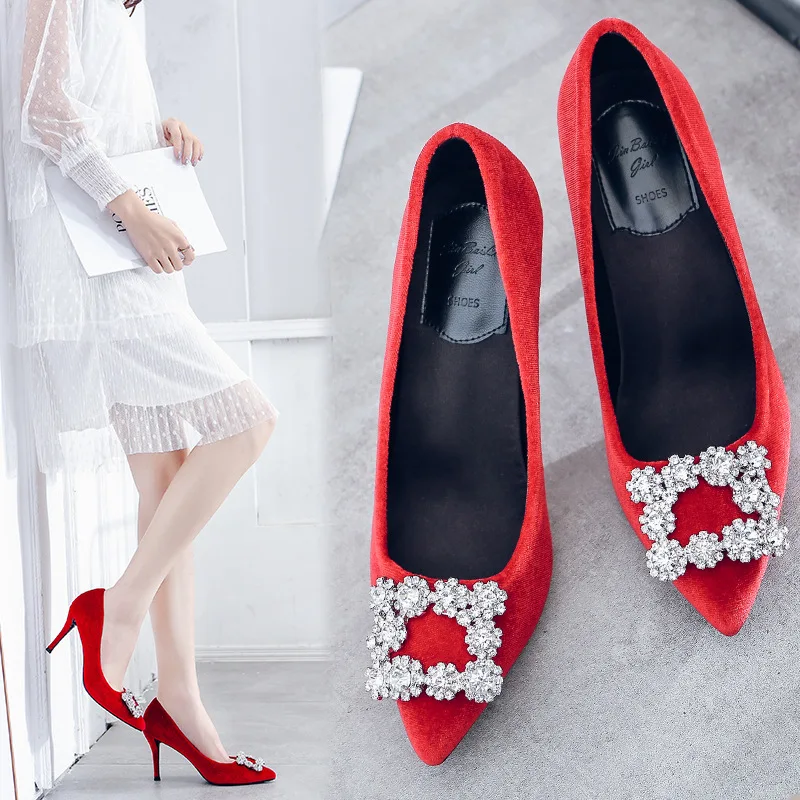 

Black Suede High Heel Shoes Women's 2019 New Style Pointed-Toe Thin Heeled Versatile Work Shoes RV Square Buckle Elegant Career