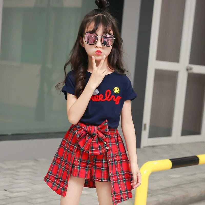 Girls Clothing Set New Fashion Summer Girls Clothing Set Child Clothes Tracksuit Girls Boutique Outfits T-shirt + Plaid Shorts 4 6 7 8 10 12 Years