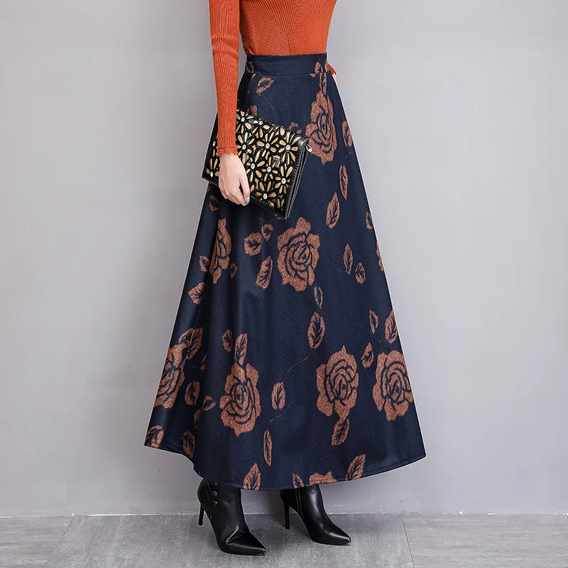Elegant Winter Maxi Skirt Women Streetwear High Waist Long Skirt Big Size Wool Saias Vintage Print Floral Red Ladies Skirts