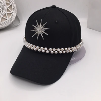 Серия Han с хлопковым козырьком бейсбольная кепка яркая дрель жемчужная модная женская джокер кепка газетчика ins tide черная шляпа - Цвет: Черный
