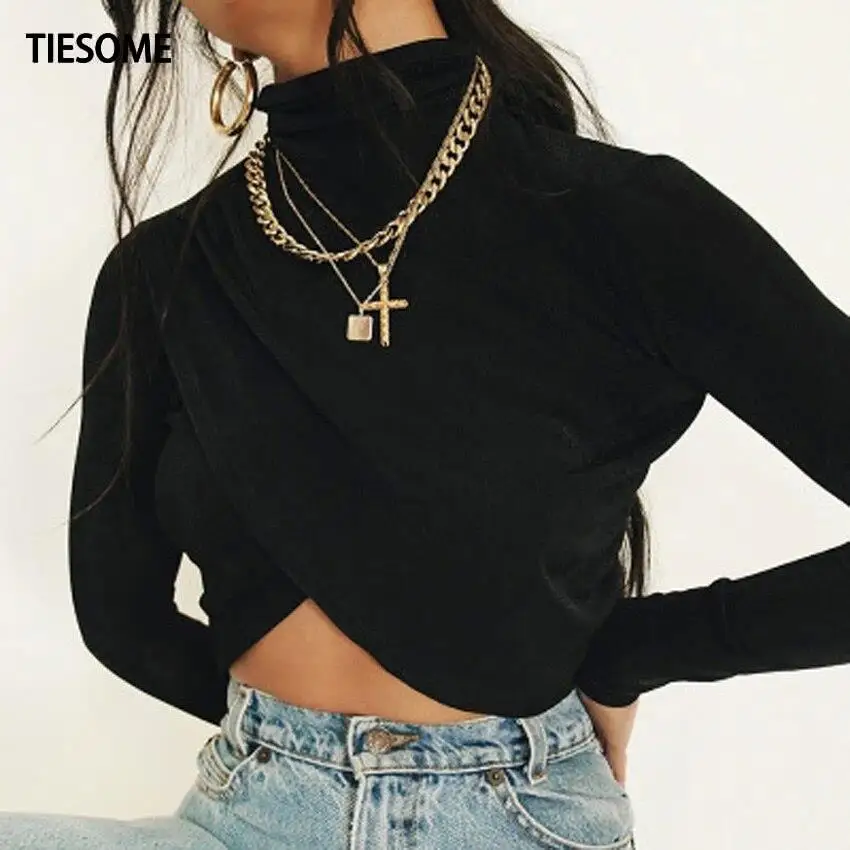 

TIESOME Autumn New Long Sleeve Tee Shirts Solid Turtleneck Top For Woman Bottoming Women Clothes Short Slim Tops Ladies Tees