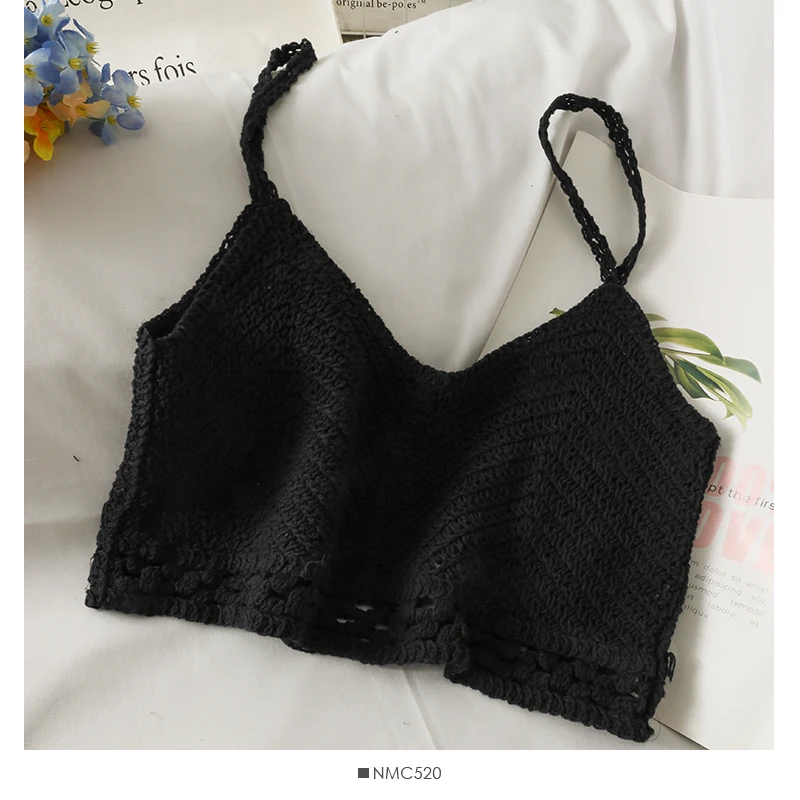 Pearl Diary Women Openwork Crochet Crop Tops Summer Spaghetti Strap V Neck Beach Cotton Backless Sexy Short Tops For Vacation women's bra