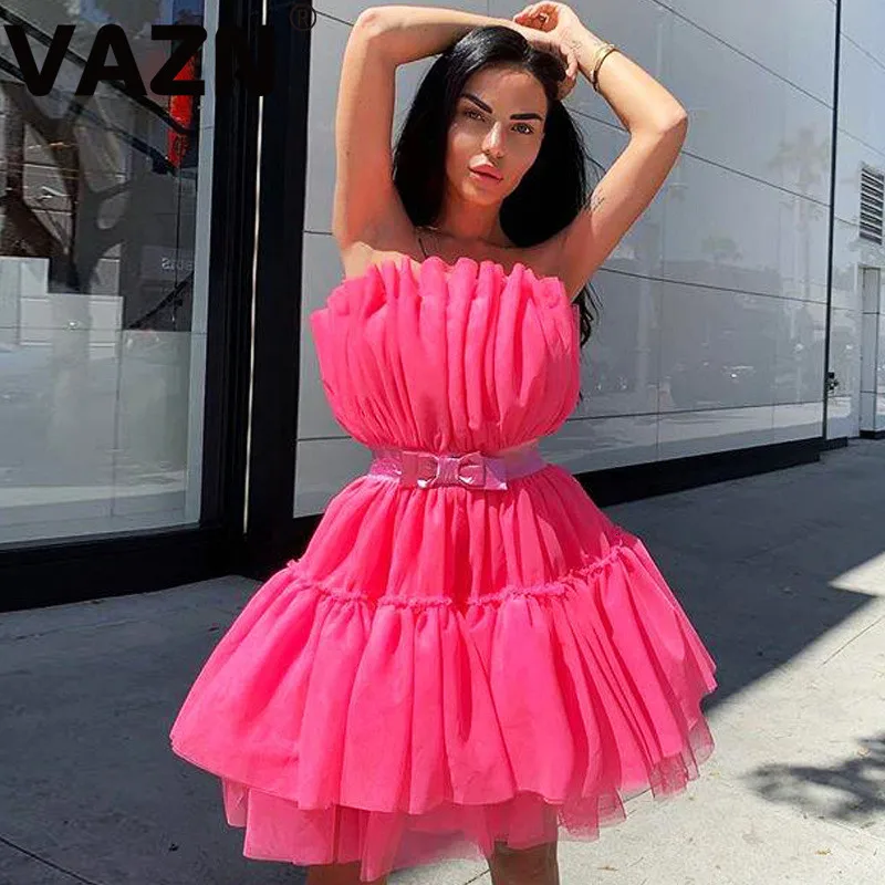 VAZN Chic 2020 summer sexy aldy 3 colors solid grenadine ball gown dress strapless cascading bow clever dress lady sweet dress floral dress Dresses
