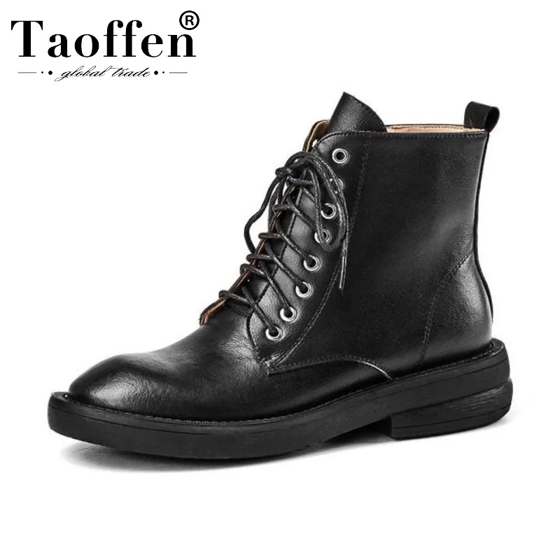 

Taoffen Women Real Leather Ankle Boots Casual Flats Cross Strap Round Toe Motorcycle Boots Winter Retro Short Boots Size 34-40