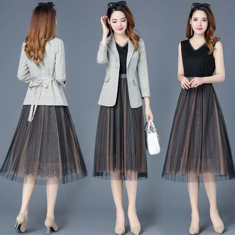 

Womens Casual Formal 2 Piece Set Clothing Jacket with Knee Length Mesh Dress Women Plaid Blazer and Dress Ladies Fashion Outfits
