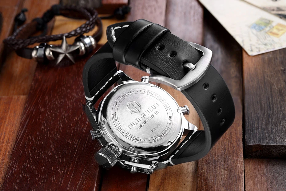 GOLDENHOUR Herren Sportuhren Herren Quarz Analog LED Mann Leder Militäruhr Männlich_voghion.com