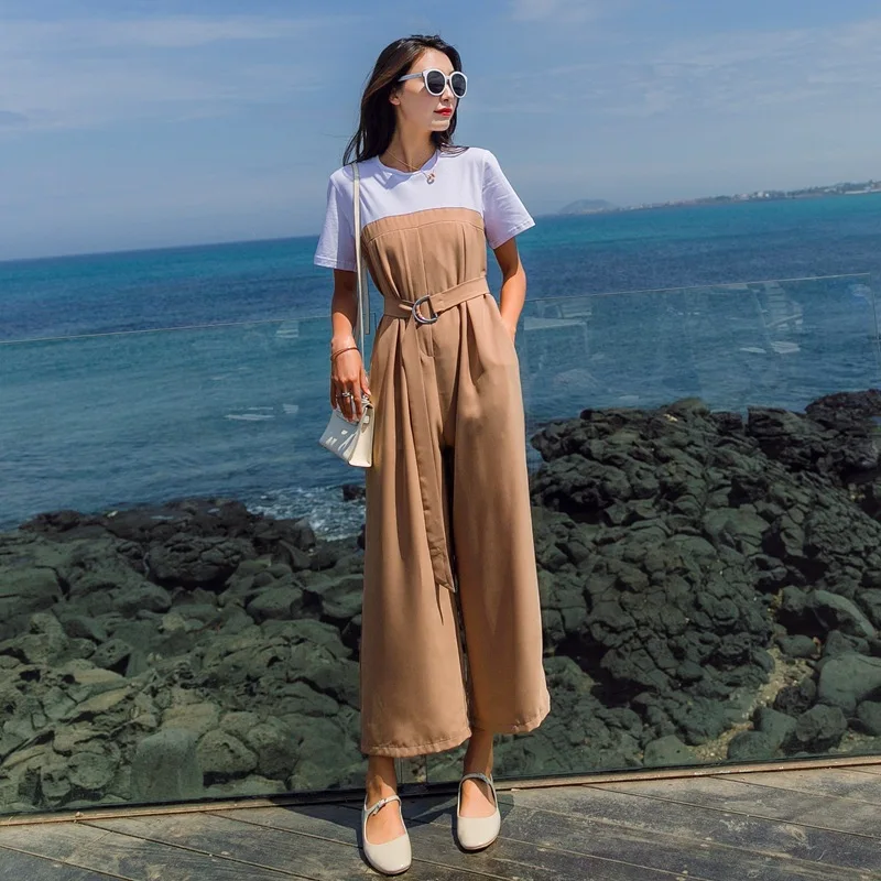 

Photo Shoot South Korea Ulzzang Joint Mock Two-Piece Short Sleeve Crew Neck Romper Women's Waist Hugging Lace-up Wide-Leg Capri