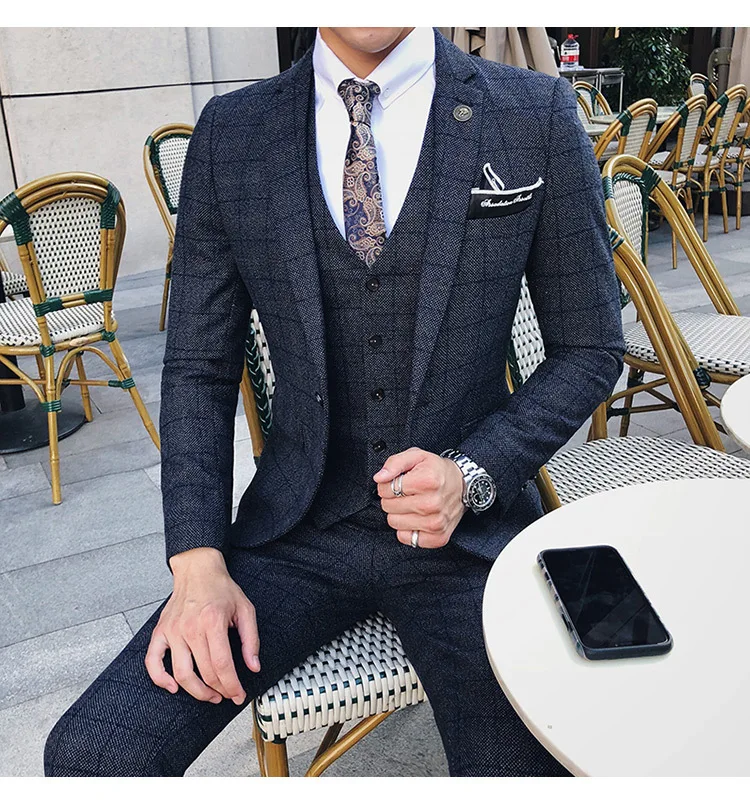 Autumn And Winter Plaid Suit Men's British Wind Wedding Wool Three Sets Of Korean Slim Thick Small Suit Handsome