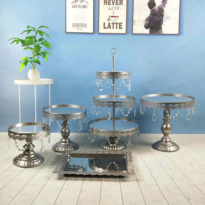 5pcs silver-1 1-7 шт/набор кекс Bling And Decoration display тарелка Хрустальная чашка Серебряное Зеркало Подставка для торта для свадьбы и вечеринки - Цвет: 5pcs silver-1