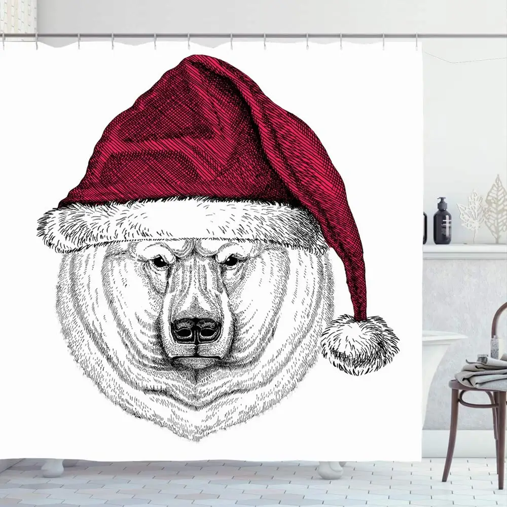 

Shower Curtain for Bathroom 60x72 Character Polar Bear Christmas Wild Animal Wildlife Holidays Hat Drawing Engraving Xma Merry