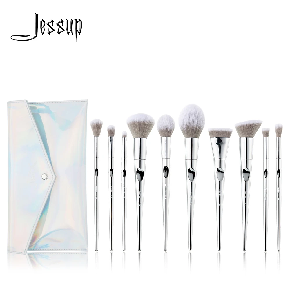 Günstig Jessup pinsel 10 stücke Fantasie Silber Make Up pinsel bürsten schönheit Pulver pinsel Kosmetik tasche frauen blush Foundation Synthetische haar