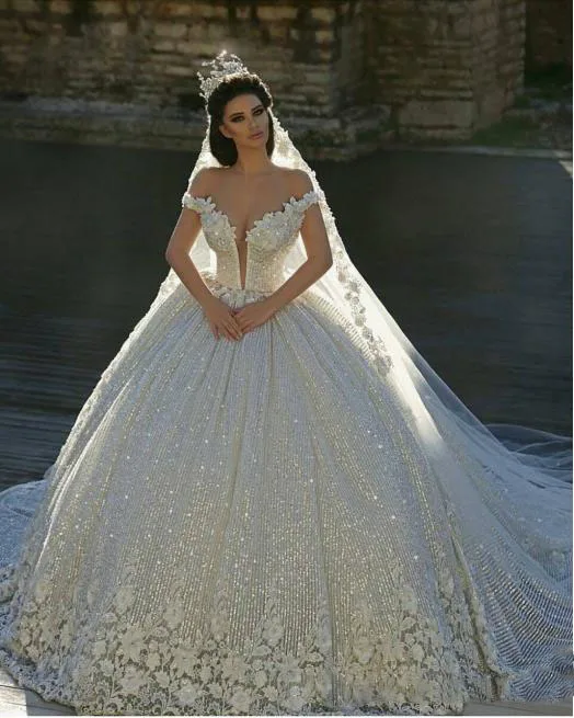 Lace Appliques Off Shoulder Ball Gown Sequins Wedding Dresses Bridal Gowns Vestido de noiva Garden Princess Bride Dress