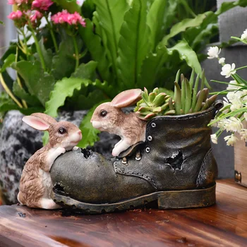 

Garden Decor Courtyard Two Cute Grey Bunny Playing In Shoes Statue Flower Pot Park Landscape Home Resin Sculpture Floor Vase