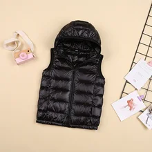 Осенне-зимний детский тонкий жилет короткий пуховый жилет с капюшоном для мальчиков и девочек теплое пальто на утином пуху