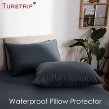 Turetrip Grey Color Smooth Waterproof Pillow Protector Zippered Hotel Bed Pillow Cover 50x70cm Bedbug Proof Hypoallergenic