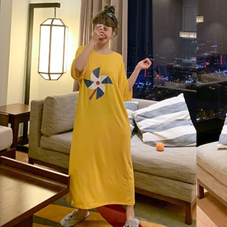 

Summer Short-sleeved Nightgown Women's Yellow Windmill Weather Forecast M-XXL 5-Color Double Pocket