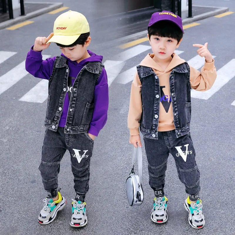 

Childrenswear Boy's Spring And Autumn Denim Waistcoat Hoodie Three-piece Set 2019 Autumn Korean-style New Style Boy's Suit