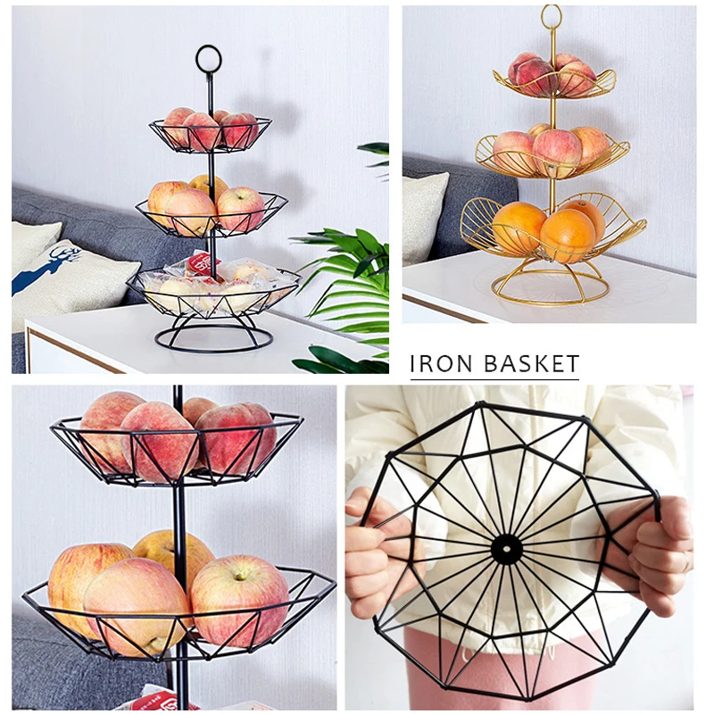 3 Layer Golden Storage Basket Foldable Metal Fruit Wicker Basket Fruit Tray Cake Stand Decorative Dessert Holder Gift Baskets