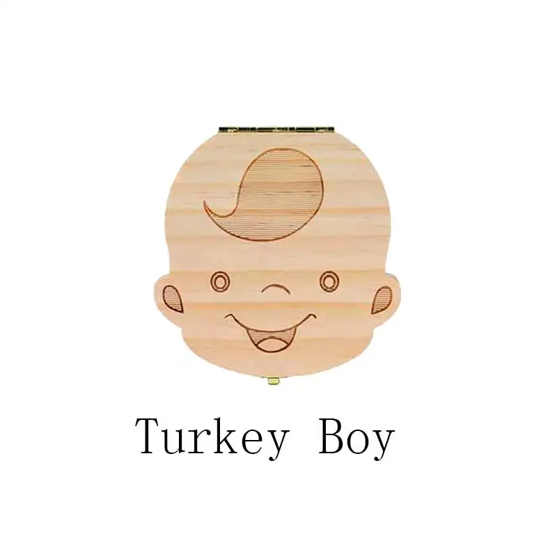 turkey boy Ящик для хранения зубов португальский немецкий английский испанский французский итальянский текст для маленьких мальчиков и девочек деревянный ящик для сбора молочных зубов - Цвет: turkey boy