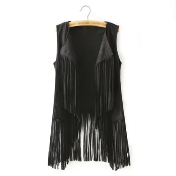 

O ONew Women Fringe Vest Leather Vintage Winter Western Country Cowgirl Vest Cardigan Waistcoat Gilet Long Femme