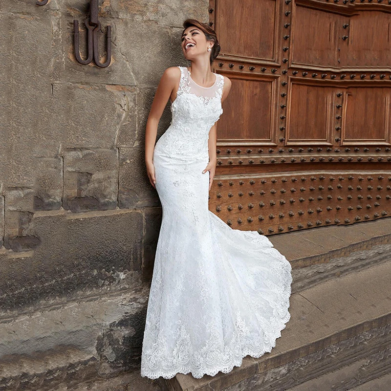 

2020 Princess Mermaid Wedding Dress Sexy Illusion Back dresses novia Lace Appliques Bridal Dress Wedding Gowns suknia slubna
