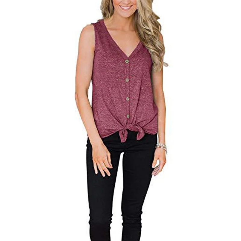 Fashion Sexy Women Sleeveless Top Button Vest V-Neck Casual White Tank Tops Blouse Bow Shirt