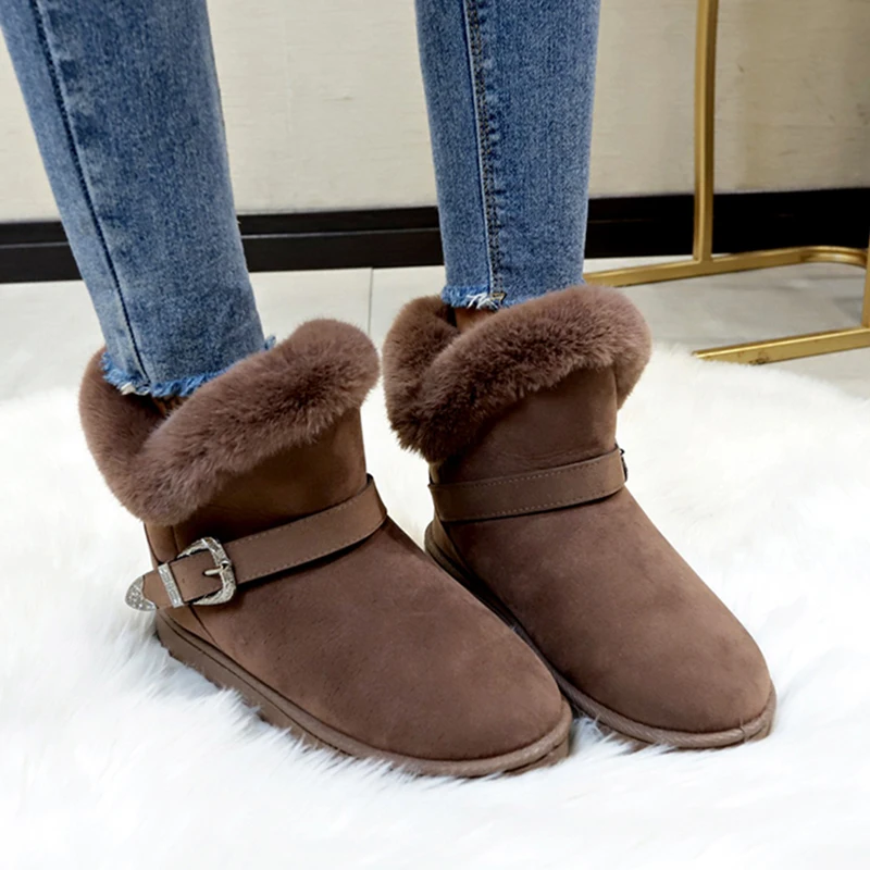 

Rimocy 2019 Winter Warm Plush Snow Boots Women Classic Buckle Slip on Furry Shoes Woman Solid Black Gray Flat Casual Botas Mujer