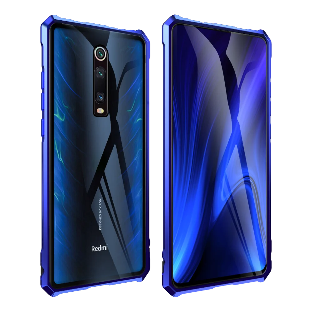 Роскошный чехол для Xiao mi Red mi K20 Pro, алюминиевая металлическая рамка, бампер и задняя крышка из закаленного стекла для Xiaomi mi 9T Coque funda - Цвет: Blue