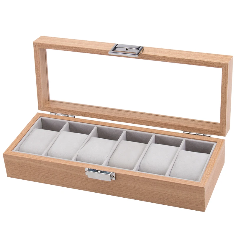 

New Six 6 Slot Wood Jewelry Watch Display Organizer Box With Glass Lid