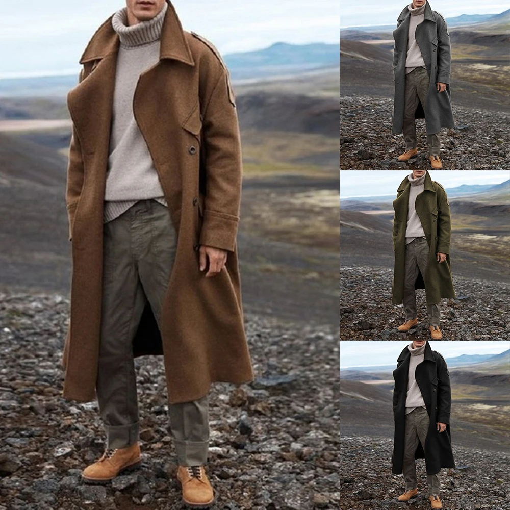 Длинный Тренч, мужской однотонный классический осенне-зимний пиджак, мужской повседневный Свободный плащ в британском стиле, пальто, уличная куртка