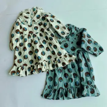 

2020 Autumn New Girls Dress Lapel Long Sleeve Ruffle Dress Dot Cartoon Print Fashion Princess Dress Children's Clothing