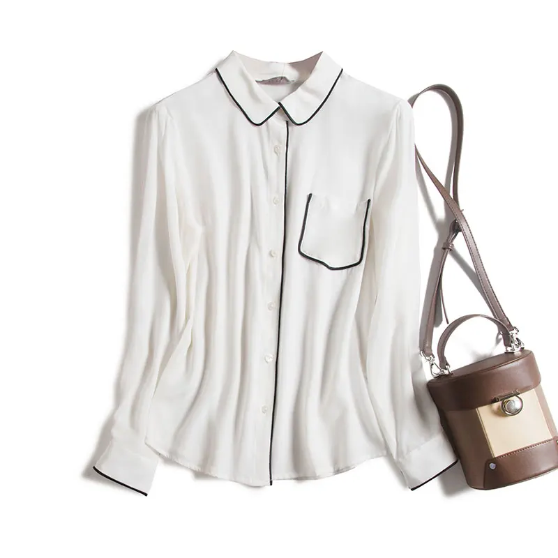 

White Real Silk Women Shirts Blusa Manga Comprida Feminina Pockets Office Lady Turn-down Collar Blusas Femininas De Chiffon