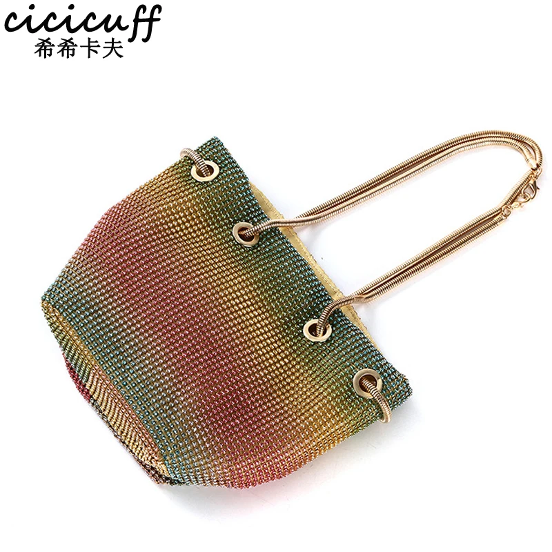 

Bling Crystal Clutch Evening Bag Women 2020 Luxury Designer Rainbow Rhinestone Bucket Shoulder Bag Wedding Party Ladies Handbags