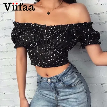 

Viifaa Black with Star Print Frilled Off Shoulder Crop Top Blouse Women Zipper Front Summer Elegant Streetwear Blouses