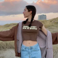 Haut court à col rond pour femmes, mode d'été, imprimé vache, t-shirt décontracté, basique, Sexy, Streetwear, marron, manches courtes, pique-nique ins 2
