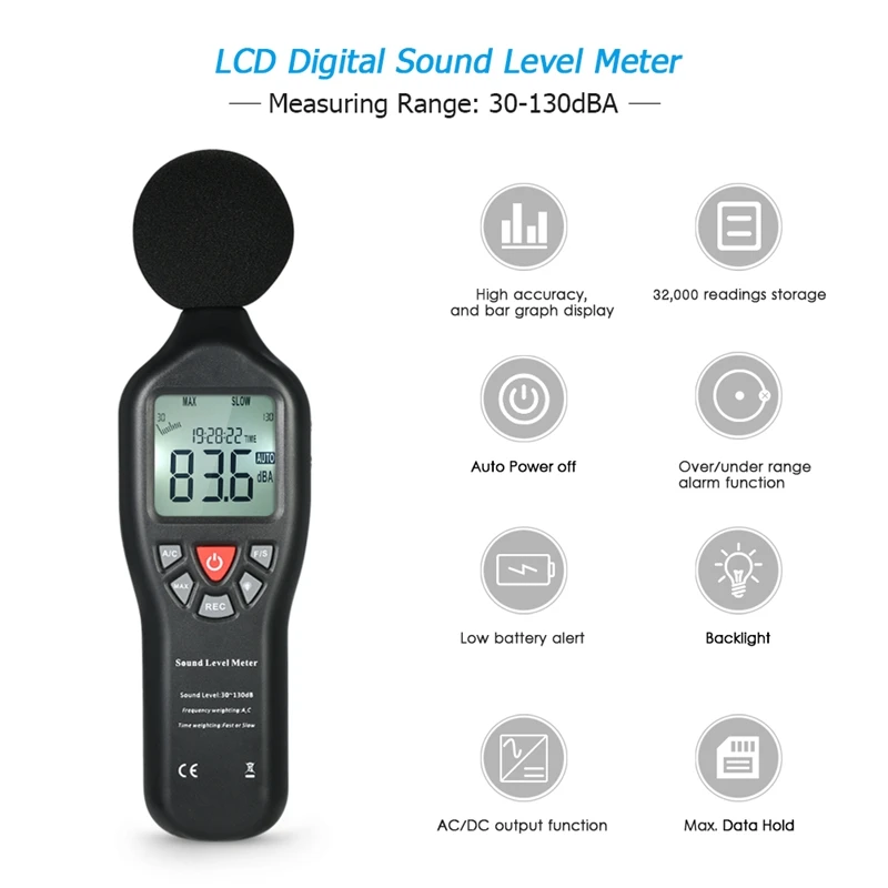 30-130Db Lcd Sound Level Decibel Meter Logger Tester Noise Measurement Time Display Auto Off Setup with Data Logging Function