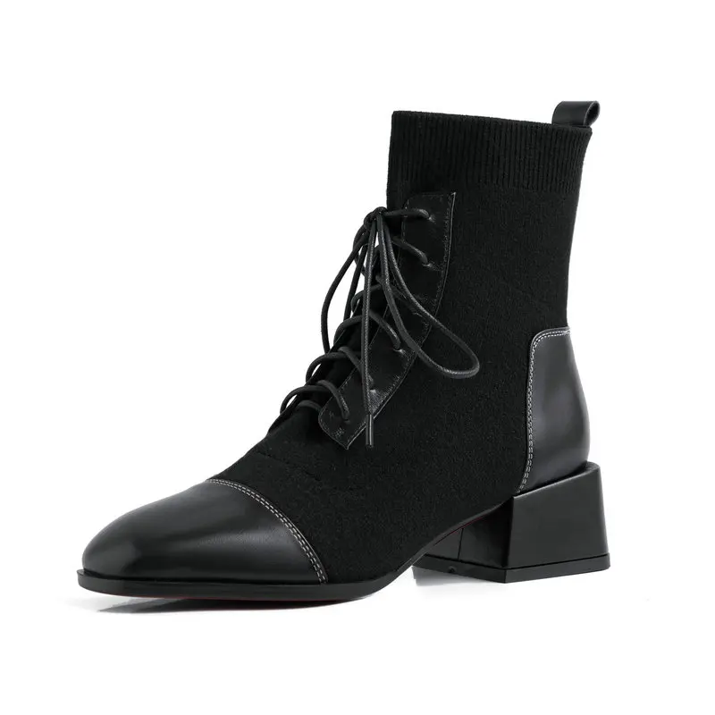 

Genuine Leather Lace-up Short Basic Boots Zipper Women Ankle Boots Round Toe High Heels Party Shoes Woman