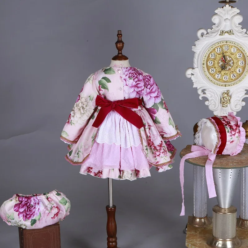 Платье принцессы в испанском стиле; костюм феи с цветочным принтом; детское платье для дня рождения для маленьких девочек; модное платье с принтом для маленьких девочек; комплект из 3 предметов