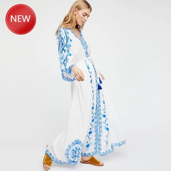 

Bohemian Dress blue and white porcelain embroidery Bohemian travel hollow-out V collar flared sleeve dress Summer new