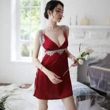 Женская сексуальная ночная рубашка с v-образным вырезом, кружевной отделкой, регулируемым ремешком, с разрезом по бокам, одежда для сна, женская одежда для сна, пижамы# ss