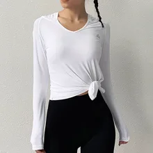 Сексуальные женские футболки для йоги Фитнес тренажерный зал укороченный Топ с длинным рукавом Топы Спортивные кроссовки спортивные футболки с капюшоном Training Спортивная одежда для бега