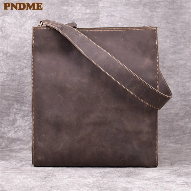 

PNDME simple vintage crazy horse cowhide men's women's tote bag casual genuine leather holdall ladies shopping shoulder handbags