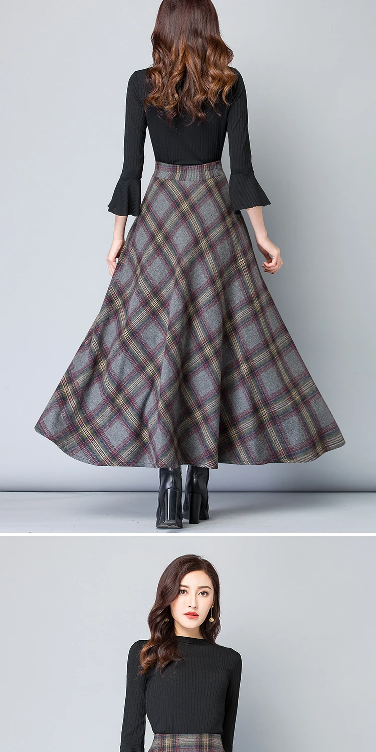 Faldas mujer moda, Длинная женская клетчатая юбка макси, осенне-зимняя женская юбка трапециевидной формы с высокой талией, винтажная шерстяная юбка fw625