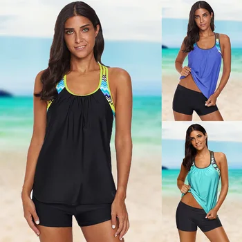 

Tankini Set Two Piece Swimsuit Women O-Neck Print Insert Racerback Boxers Bathing Suits Swimming Beach Wear