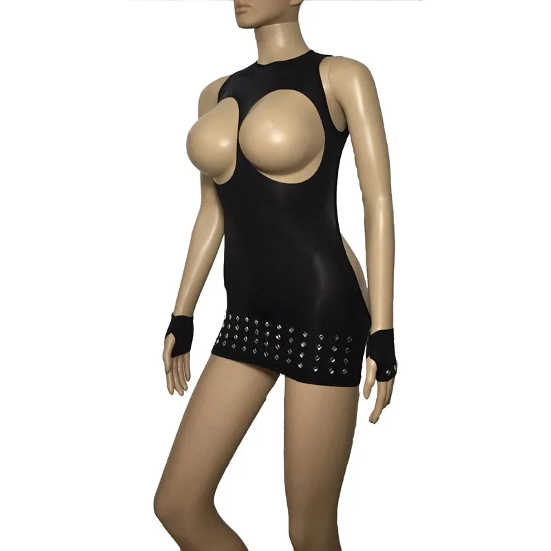 

Sexy Skinny Black Cupless Bodycon Mini Dress with Rhinestones Gloves Open Breast Backless Fetish Lingerie Set