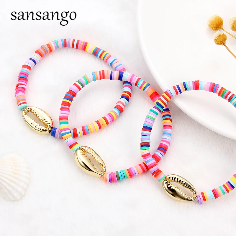

Bohemian Colorful Polymer Clay Beaded Bracelets shell Pendant Colorful Elastic Bracelet For Women Seashell Beach Holiday Jewel