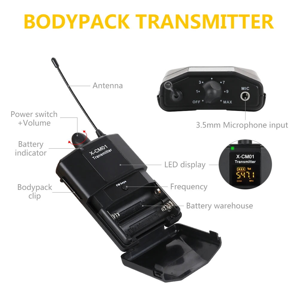 XTUGA UHF Wireless Lavalier Microphone with 16 Channels Come with Two 3.5mm Cables Up to 164ft Range for DSLR Camera Phones