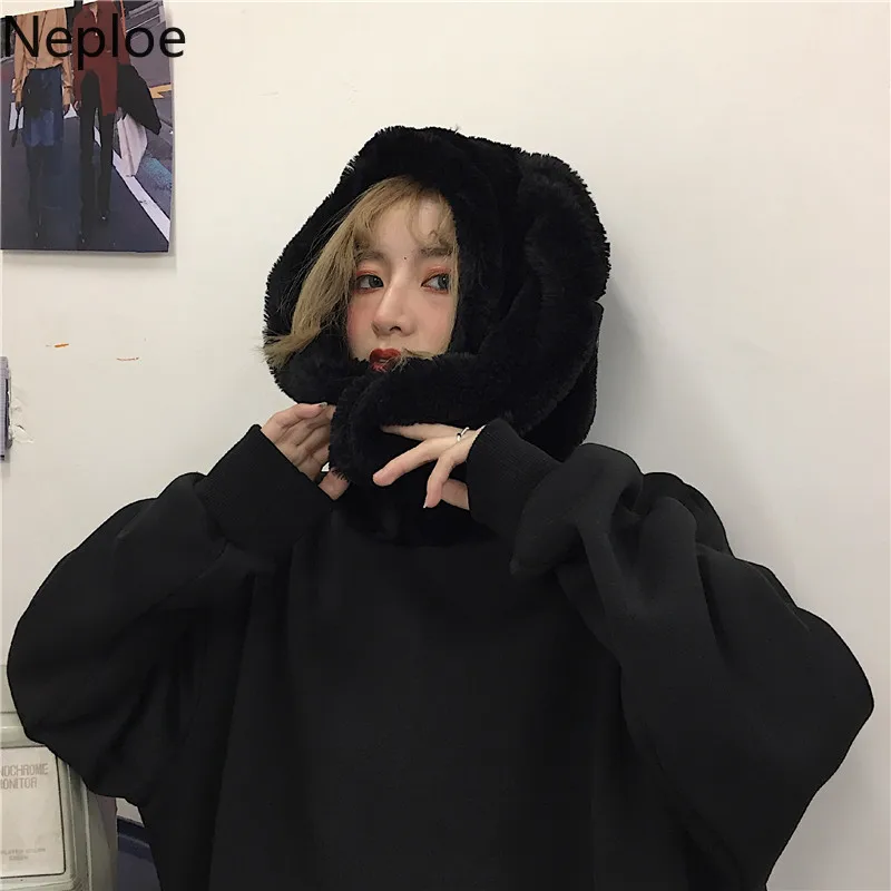 Neploe Ins Harajuku стиль Ретро Кролик уха дизайн толстовка с капюшоном черный свободный толстый унисекс пуловер для влюбленных Свободные толстовки 47354